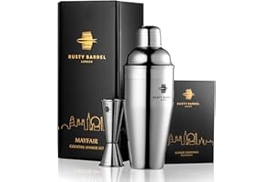 Rusty Barrel Mayfair Ensemble shaker à cocktail – Grand shaker en acier inoxydable de style Manhattan de 750 ml avec passoire intégrée, double doseur 25/50 et livret de recettes de cocktails |