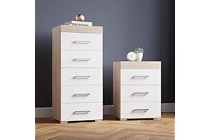 DRP Trading White & Sonoma Oak 2 Piece Bedroom Furniture Set, 5 Drawers Tall Boy Chest, 3 Drawer Bedside Cabinet, Ample Storage, Elegant Décor, Ideal for Bedroom Organisation, Quality Bedroom Set…