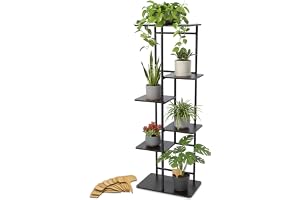 Spetebo Växtstativ i metall, svart med 5 nivåer av trä – 106 x 35 cm – blomhylla för inomhus inklusive 10 bambuväxtskyltar