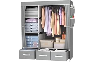 LOEFME Canvas Wardrobe with 3 Storage Boxes, 105 * 45 * 165cm Size Fabric Wardrobes for Bedroom, Portable Wardrobe Shelves, Folding Wardrobe, 16mm Pipe Diameter Closet Grey