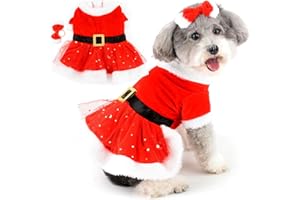 Zunea Robes de Noël pour Petits Chiens Filles Robe de Princesse d'hiver avec Ceinture et Nœud Papillon Mignon Attaches de Cheveux en Polaire et Ceinture Jupe Costumes de Père Noël Chihuahua Rouge XL