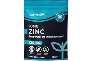 Nutravita Zinc Tablets 50mg – 120 High Strength Vegan Tablets (4 Months Supply) – Highly Absorbable Zinc Supplements for Maintenance of Normal Immune System, Bones, Hair, Skin & Nails – Made in UK
