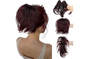CJL HAIR Claw Clip Short Ponytail Hair Extensions DIY Bendable Metals Messy Bun Hair Piece for Wonen Straight Synthetic Fake Hairpieces Wine Red with Black Root