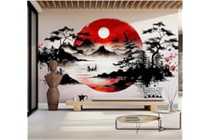 FENDROM Japanese Red and Black Forest Tapestry, Anime Mountain Tree Sun Aesthetic Tapestry Wall Hanging, Cool Asian Dark Nature Landscape Tapestries Ink Art Decor for Living Room College Dorm