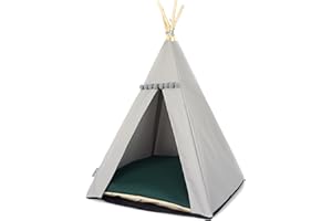 Halkalife Dog teepee with pompons, dog waterproof tent and puppy luxury tent, dog wigwam, dog house, dog nest (L, Grey, Bottle Green)