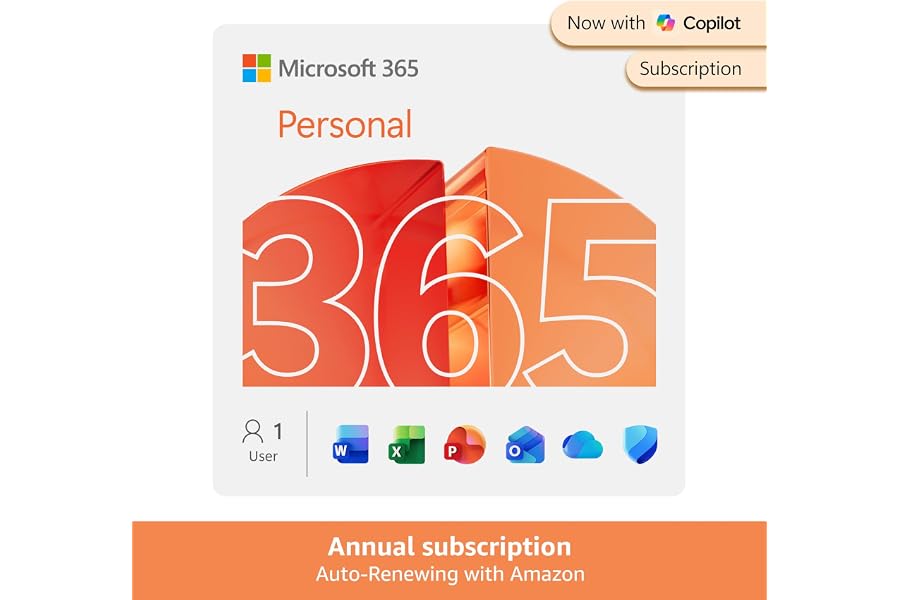 Microsoft 365 Personal | 12 Months | 1 Person | Up to 1TB Storage | AI Office Apps | Annual auto-renewing Amazon subscription