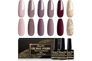 Shining She Esmaltes Semipermanentes de Uñas en Gel UV LED,6 Colores Otoño e invierno Glitter Oro Marrón Rosa Desnudo Rojo Pintauñas Semipermanentes para Principiantes Art DIY en Casa,8ML