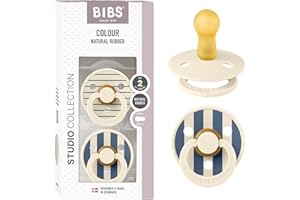 Tétine BIBS Studio. Lot de 2 sucettes. téterelle ronde en latex naturel, sans bisphénol A, Fabriqué au Danemark, Taille 2 (6-18 mois), Pin Ivory Steel Blue