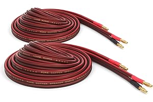 Micca 14 Gauge Pure Copper Speaker Wire, 6 Feet (2 Meters 6.6ft Actual), 2 Pack Pair, Gold Plated Banana Plugs, Soldered Construction, Slim Design, 245 Strands, for Stereo or Home Theater