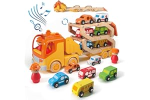 Wanborns Kleinkindspielzeug für 2 3 4 5 jährige Kinder, Transport-Auto-Träger-LKW-Spielzeug mit 6 Holzfahrzeugen, 76cm klappbarer Anhänger mit Licht- und Soundeffekten, Weihnachten Geburtstag