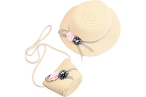 Tinsellns Adorable Girls Sun Hat and Mini Purse Set with Flower Decoration for Summer Beach and Outdoor Activities Beige