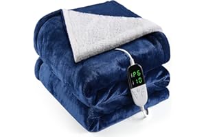 TKTOAM OneAmg Couverture Chauffante Flanelle 155x180cm, Plaid Chauffant avec 6 Niveaux de Dhaleur, Minuterie 10H, Chaleur Rapide, Protection Contre la Surchauffe, Affichage LED, Lavable en Machine(Bleu)