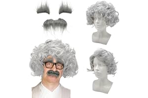 UILYNIU 3 Stück Graue Perücken Set mit Bart Verrückte Wissenschaftler-Kostüm Professorperücke Perücke Männer Perücke Opa Alter Grauer Schnurrbart für Partys Cosplay Halloween Weihnachten
