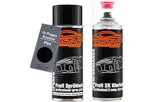 TRISTARcolor Vernice per moto Kit bombolette spray 2K per Piaggio Scooters P94 Nero Lucido Bomboletta a spruzzo vernice di base 2 componenti vernice trasparente