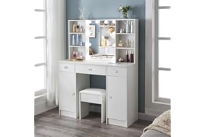 Teousev Big Dressing Table with LED Lights, 140×100×40cm Makeup Table with Mirror, Vanity Desk with LED Lights-3 colors, Brightness Adjustable, Modern Bedroom Dresser (Crystal Handle)