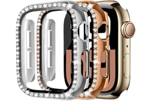 MYAPULUA 2Pack Bling Case for Apple Watch Screen Protector 42mm for Women,Hard PC Diamond Glitter Crystal Full Protection Protective Cover for iWatch Series 10 9 8 7 6 5 4 SE,06-silver/rose gold