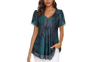 ACDAY Womens Blouses V Neck Ladies Tops Petal Short Sleeve Chiffon Tops Double Layers Mesh Tunic Tops Casual Shirts