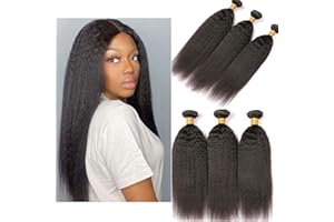 Huarisi 3 Bundles of Yaki Straight Hair Weave Bundles 16 18 20 inch Grade 7a Kinky Straight Human Hair Extensions Weft for Black Women Natural Color Soft Brazilian Hair Can Make Wigs