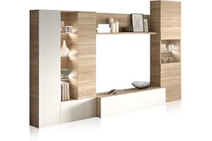 duehome | Mueble de Comedor con Leds, Mueble Salon, Modelo Vinter Leds, Acabado en Blanco Brillo y Roble Canadian, Medidas: 260 cm (Ancho) x 185 cm (Alto) x 42 cm (Fondo)