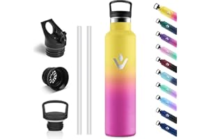 Vikastar Gourde Isotherme, 1000ml Anti-Fuite, Bouteille Isotherme, sans BPA, Gourde Inox, Réutilisable, Gourde Isotherme 1L pour Fitness, École, Sport, Cyclisme, Jaune & Rose