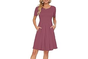 AUSELILY Damen Kurzarm Plissee Loose Swing Freizeitkleid mit knielangen Taschen