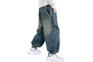 Baggy jeans för pojkar med rakt snitt elastiska dekorerade med fashionabla sprickor praktiska fickor för en avslappnad