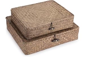SUMNACON 2PCS Rattankorb aus Natürliche Seegras mit Deckel Handarbeiten Aufbewahrungskiste Aufbewahrungskörbe Ordnung Korb für Küche Badezimmer Schlafzimmer Gross+Klein(Rechteckig,Braun)