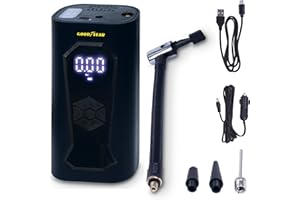 GoodYear Compressore Portatile Ricaricabile Wireless 6000 mAh, 5 in 1: Gonfiaggio, Sgonfiaggio, Misurazione Pressione, Power Bank, Torcia a 6 LED, Accessori Inclusi, Presa Accendisigari