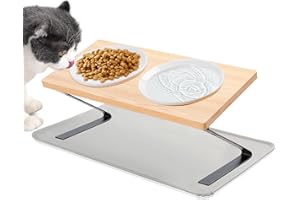 Cinnani Comedero Gato Elevado,Comedero Gato,Comederos para Gatos Inclinación de 15°Ceramica con Soporte de Bambú y Antideslizante Alfombrilla,Cuenco Gato Antivómitos,para Gatos Y Perros Pequeño
