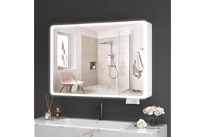 Aovquof Szafka z lustrem z oświetleniem – 100 x 70 cm, szafka łazienkowa z lustrem łazienkowym z regulowanymi ściemnianymi diodami LED z funkcją demist, zaokrąglona, kremowa