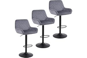 ralex-chair Bar Stools Set of 3, Height Adjustable Velvet Fabric Swivel Barstool Bar Chairs, Breakfast Dining Stools With Backrest and Armrest for Bar, Counter and Kitchen, Grey