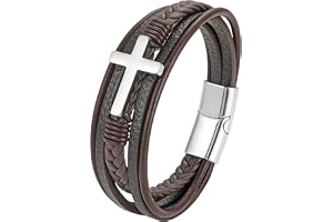 JUZICHEN Läderarmband för män, läderarmband med kors, svart brunt armband och rostfritt stål för män, 21 cm armband herrarmba