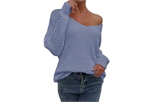VEMOW Sexy V Neck Sweaters for Women Off Shoulder Jumper Long Sleeve Lightweight Knit Top Casual Loose Fit Fall Pullover Sweater