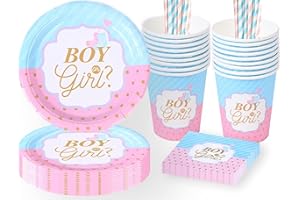 Newtic 64 Stück Gender Reveal Geschirr, Gender Reveal Party Deko, Baby Gender Reveal Pappteller Set,Gender Reveal Party Deko Geschirr Set für 16 Gäste