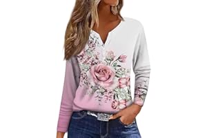 WDCHAOYUE T Shirts Mädchen Henley Ausschnitt Work Baumwolle T Shirt Langarm mit Blumenmuster Legerer Locke Blusentop Damene Herbst Übergröße Knopfleiste Weich