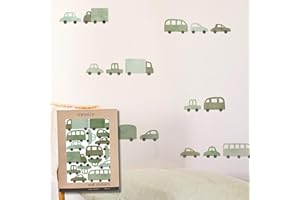 TRESXICS Pegatinas Pared Decorativas Infantiles Coches y Camiones, 64 Piezas, Vinilo Adhesivo Pared Original y Duradero, Efecto de Papel Pintado Infantil, Fácil Aplicación y Removible (Verde)