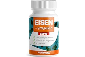 ‎PROFUEL Eisentabletten hochdosiert 180x mit 40 mg Eisen + Vitamin C (40 mg) aus Hagebutten - EISEN + Vitamin C FORTE mit bioverfügbarem Eisen aus hochwertigem Eisenbisglycinat - laborgeprüft mit Zertifikat