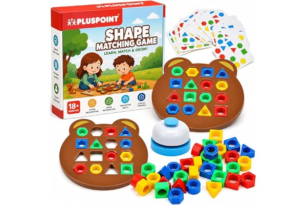 PLUSPOINT Shape Matching Puzzle Game for Kids 30 Question Cards,32 Colorful Shapes,2 Bear Boards & Bell Educational STEM Toy for 3+ Years Montessori Learning Toy for Shape & Color Recognition