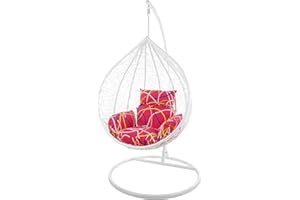 Kideo Komplettset: großer Hängesessel mit Gestell & Kissen, Korbsessel, Poly-Rattan (Korb & Gestell: weiß, Kissen: pink/Gemustert Nest (3021_be_Abstract))