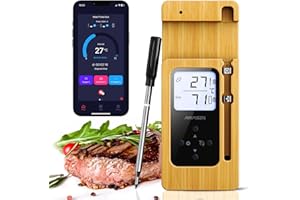 AIRMSEN Termometro per Carne Senza Fili con Display LCD, IPX8 Impermeabile Termometro Carne, Termometro per Barbecue Bluetooth con Portata di 150m, Controllo via App, Manico in Ceramica, per Grill