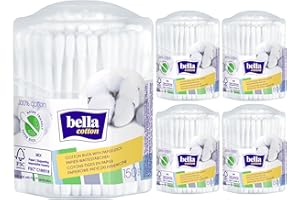 ‎BELLA bella cotton Wattestäbchen mit Papierschaft in achteckiger Box (5 x 150 Stück), 100% Bauwolle Köpfe