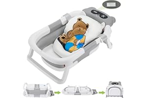 Niceyoeuk Collapsible Baby Bathtub for Newborn with Thermometer & 1 Soft Floating Cushion,Portable Travel Bathtub with Drain Hole, Durable Foldable Baby Tubs for Infants to Toddler