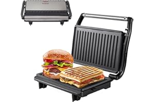 BEPER P101TOS003 Kompakter Elektrogrill, Antihaft-Platte, Toaster, Sandwiches, Fleisch, Gemüse – Selbstjustierende Platten, wärmeisolierter Griff und integrierte Kabelaufwicklung