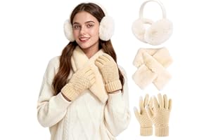 Bryndo Winter Scarf and Gloves Set for Women, Warm Fluffy Ear Muffs Thermal Warm Plush Scarf Touch Screen Gloves 3 in 1 Cold Weather Set for Winter Gifts Skiing Outdoor Sports