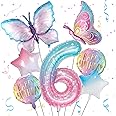Isndare Butterfly Balloons 6th Birthday Decorations for Girls, Gradient Pink Colorful Foil Balloon, Giant Number 6 Mylar Years Old Theme Party Supplies Decor