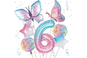 ISNDARE Butterfly Balloons 6th Birthday Decorations for Girls, Gradient Pink Colorful Butterfly Foil Balloon, Giant Number 6 Foil Mylar Balloon, 6 Years Old Butterfly Theme Birthday Party Supplies Decor