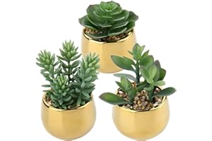 Briful 3 PCS Artificial Plants Fake Succulent Plants Artificial Succulents in Geometric Gold Ceramic Pots, Fake Succulent Indoor Plants for Home Office Bathroom Shelf Decor
