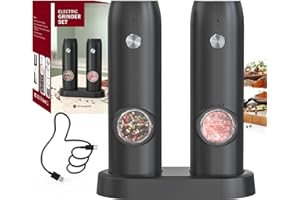 CIRCLE JOY Set Macina Sale e Pepe Elettrico Macina Spezie con Doppia Stazione di Ricarica, Contenitore da 70ml, Luce LED Bianca e Rugosità Regolabile, Nero