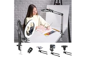 Overhead Phone Mount with Ring Light, Luxsure 10" Ring Light with Tripod Stand & Phone Holder, RingLight Overhead Tripod with Remote, Ideal for Live Stream/Nail Art/Drawing/Video Recording