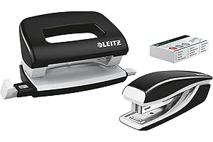 Leitz Set con Mini Cucitrice e Perforatore, Capacità fino a 10 Fogli, Include Punti P2 Numero 10, Gamma WOW, 55612095, Nero